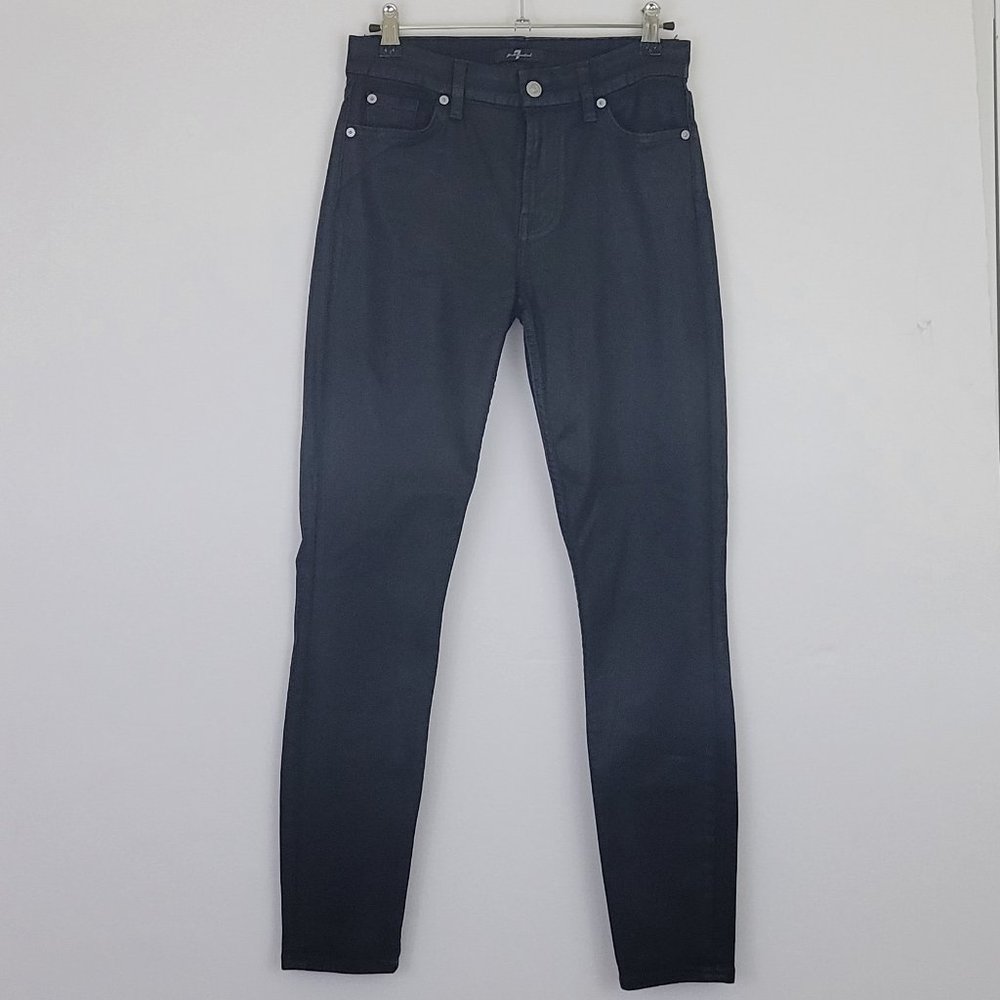 7 For All Mankind Mid Rise Coated Sheen Ankle Skinny Jean in Black